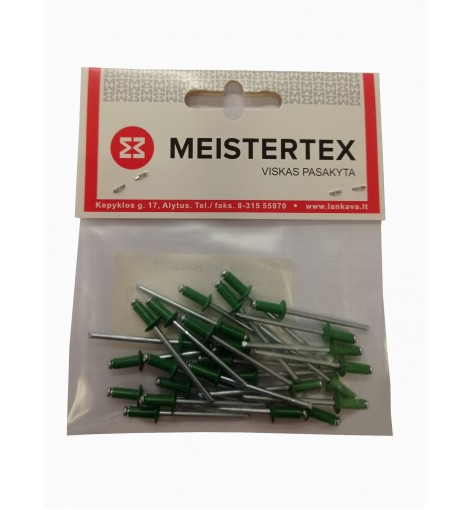 Kniedės 3,2 x 8 mm RAL6002, 30vnt. Kniedės 3,2 x 8 mm RAL6002, 30vnt.